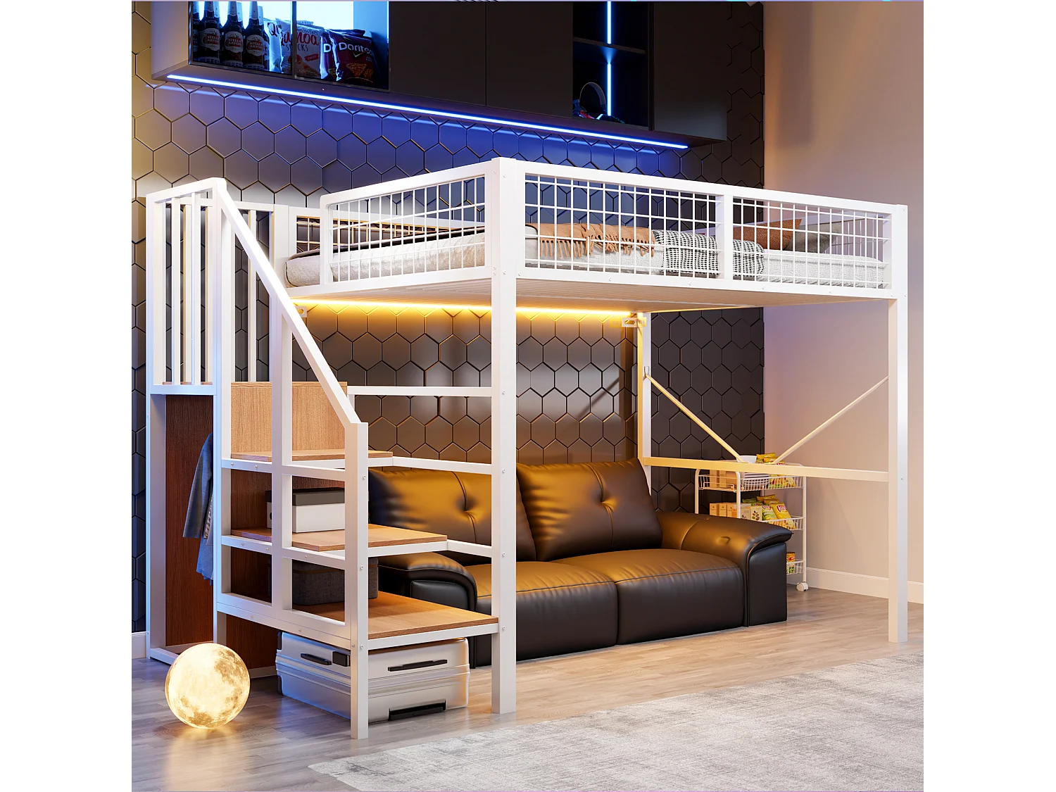 Metall-Hochbett 140 x 200 cm – mit Leiter – mit LED-Beleuchtung – mit Sicherheitsgittern – weiß (Matratze nicht enthalten)