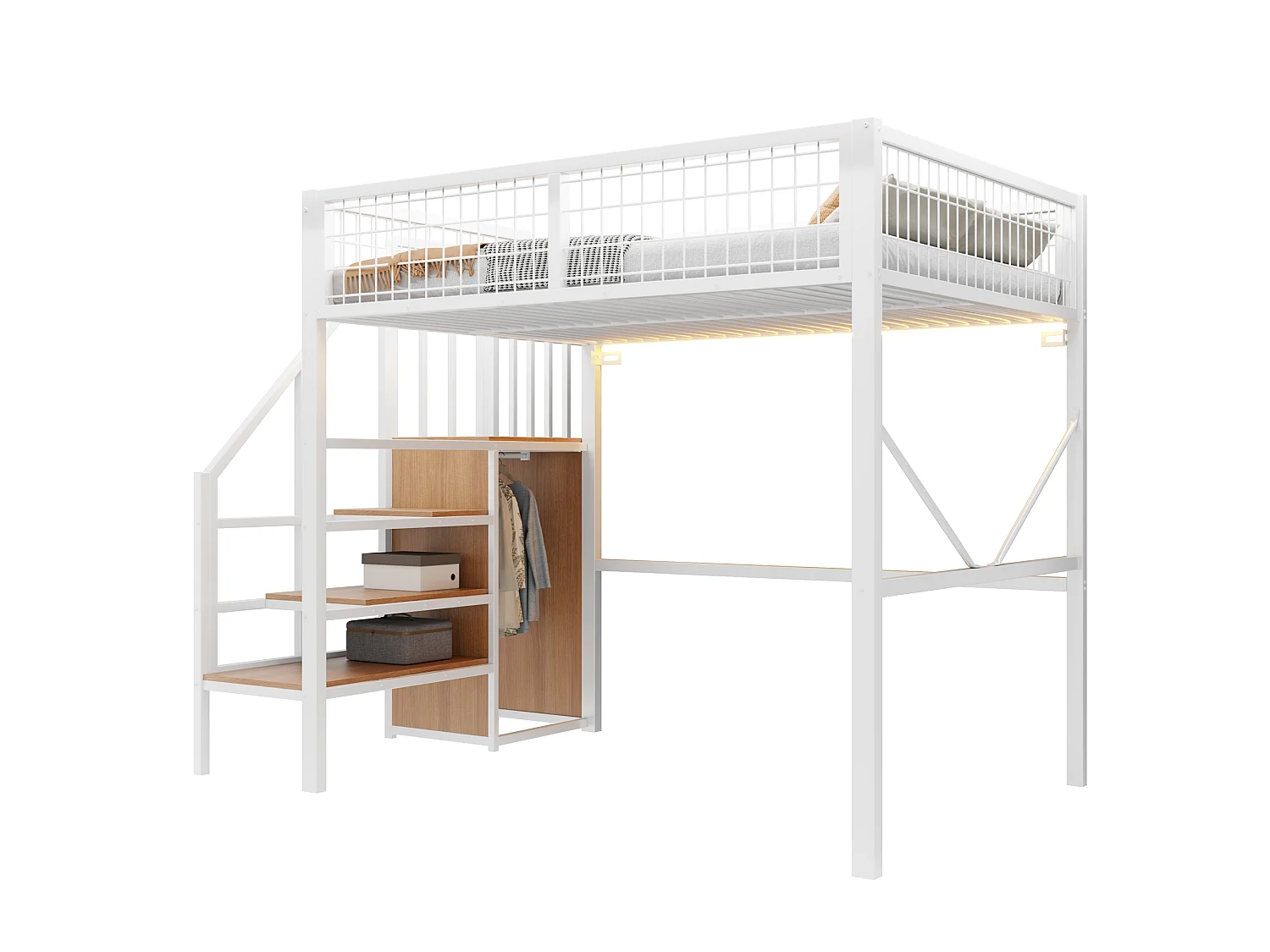 Metall-Hochbett 140 x 200 cm – mit Leiter – mit LED-Beleuchtung – mit Sicherheitsgittern – weiß (Matratze nicht enthalten)