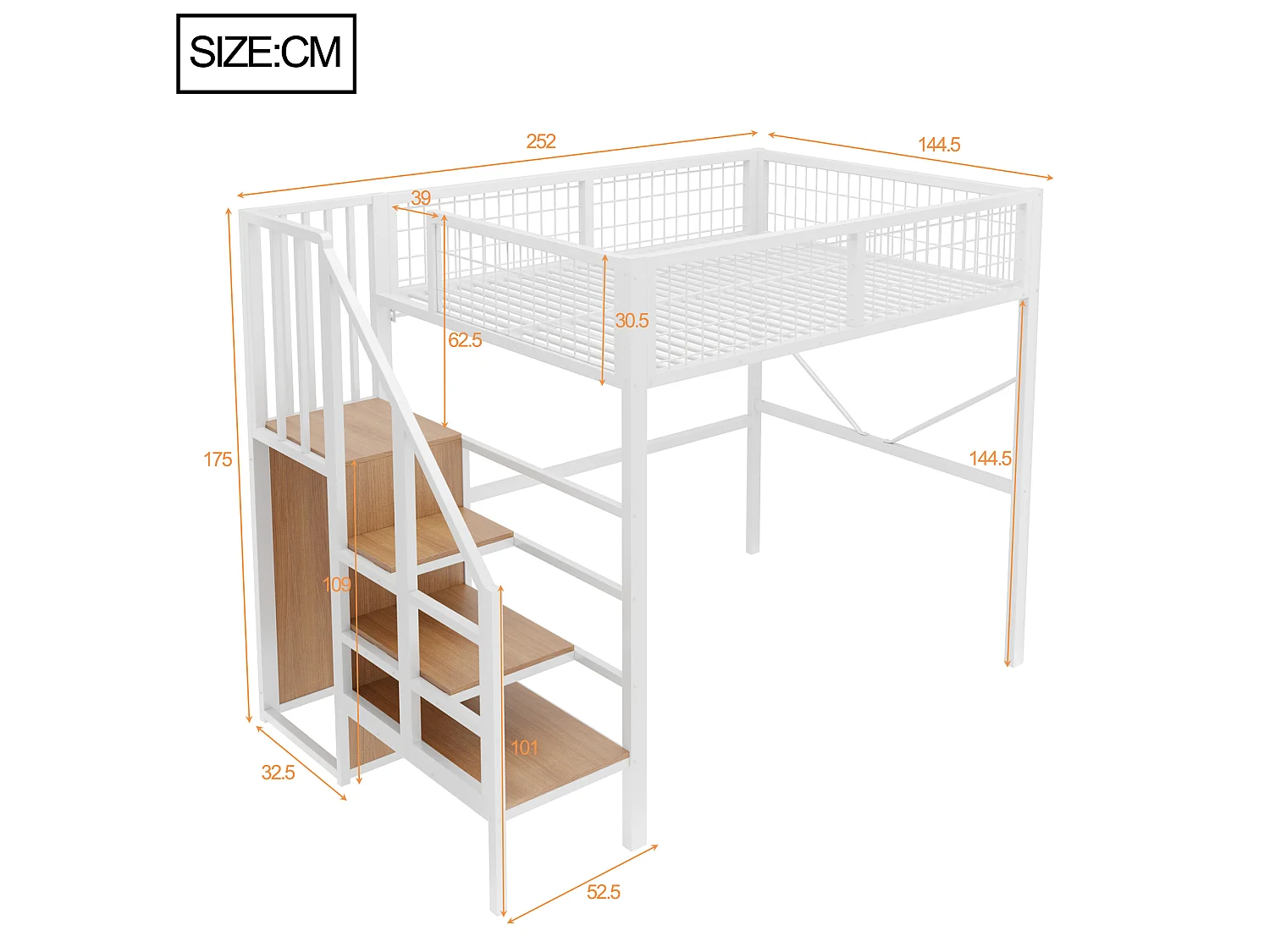 Metall-Hochbett 140 x 200 cm – mit Leiter – mit LED-Beleuchtung – mit Sicherheitsgittern – weiß (Matratze nicht enthalten)
