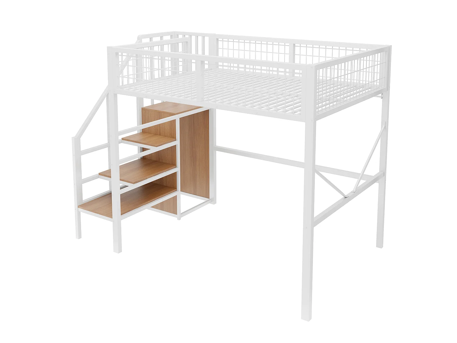 Metall-Hochbett 140 x 200 cm – mit Leiter – mit LED-Beleuchtung – mit Sicherheitsgittern – weiß (Matratze nicht enthalten)