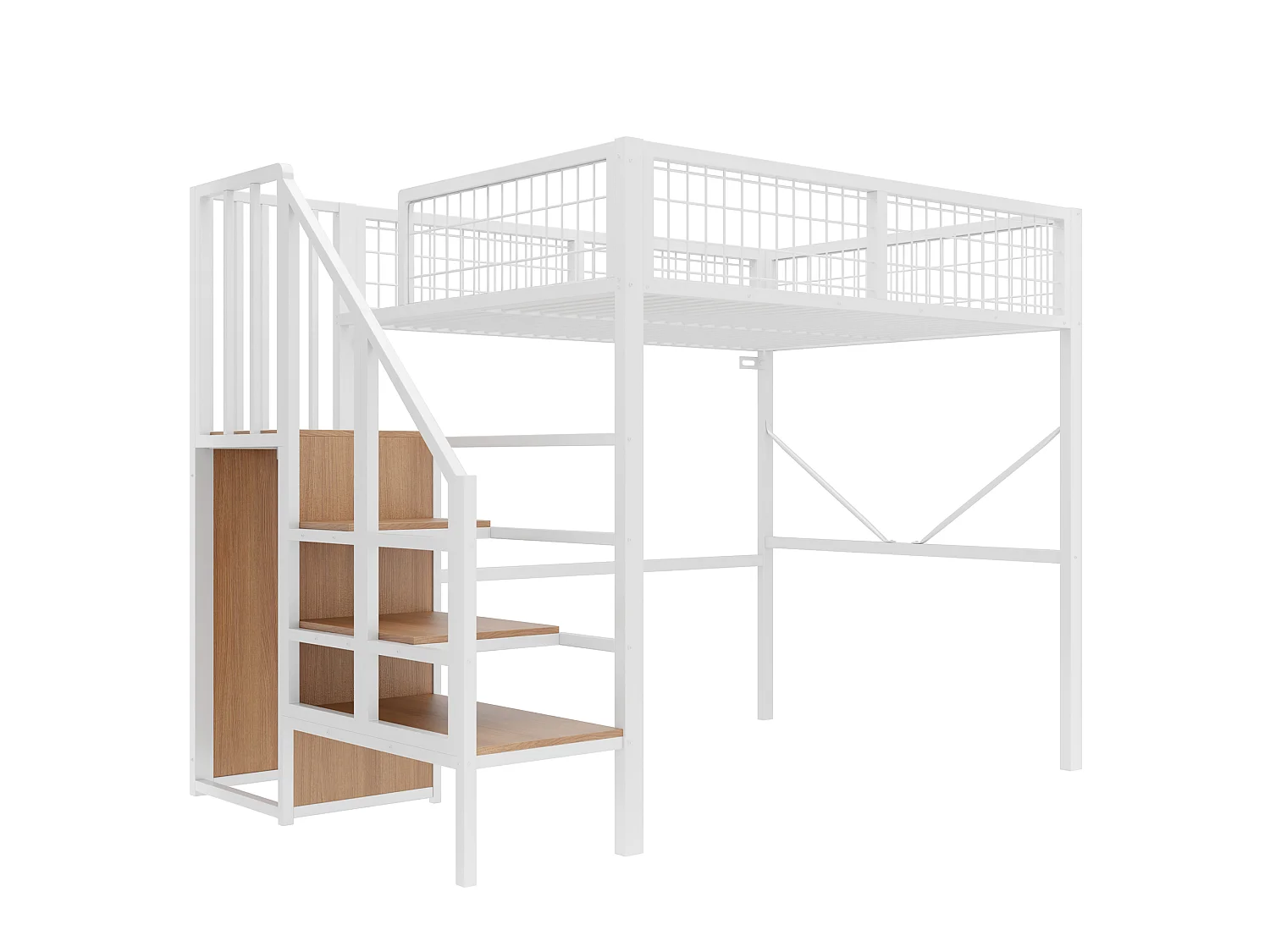 Metall-Hochbett 140 x 200 cm – mit Leiter – mit LED-Beleuchtung – mit Sicherheitsgittern – weiß (Matratze nicht enthalten)