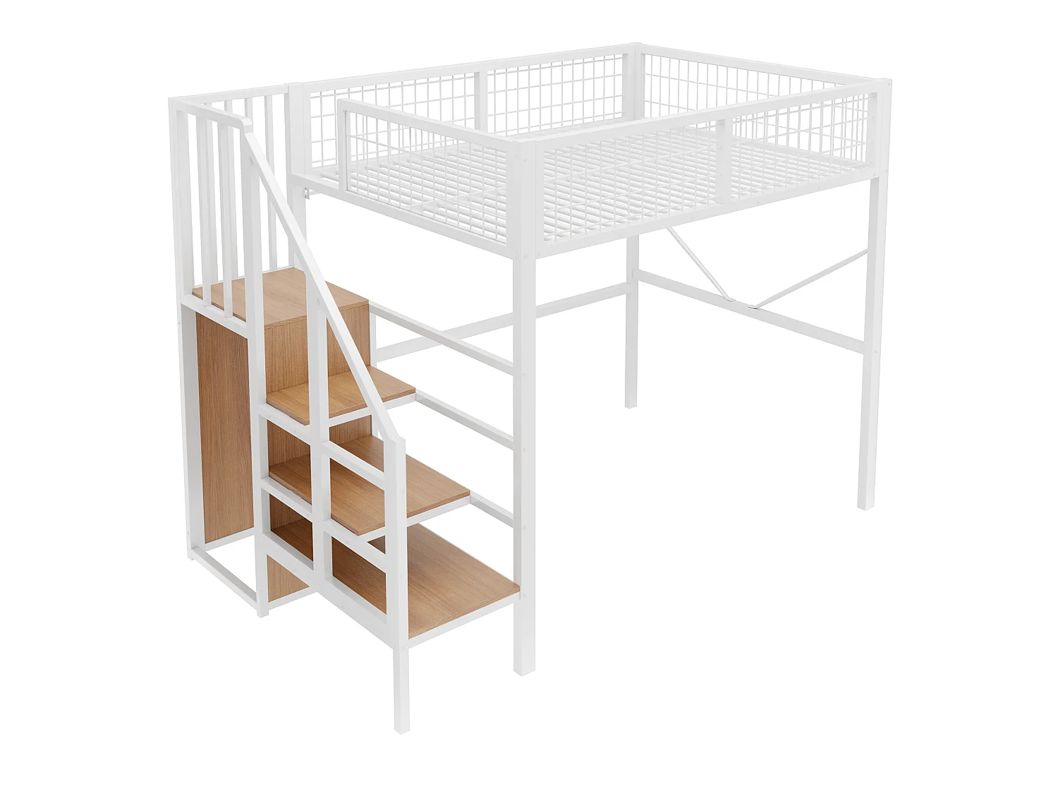 Metall-Hochbett 140 x 200 cm – mit Leiter – mit LED-Beleuchtung – mit Sicherheitsgittern – weiß (Matratze nicht enthalten)
