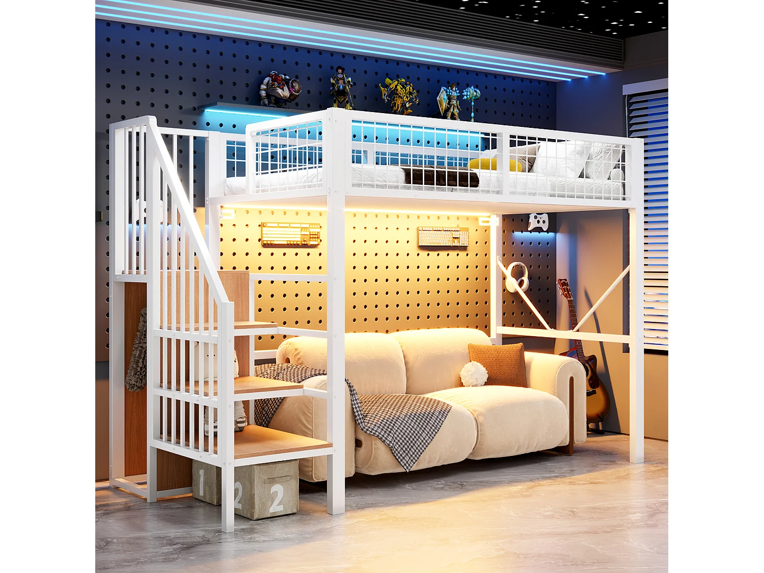 Metall-Hochbett 90 x 200 cm – mit Leiter – mit LED-Beleuchtung – mit Sicherheitsgittern – weiß (Matratze nicht enthalten)