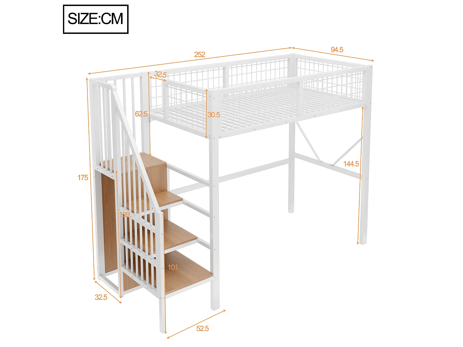 Metall-Hochbett 90 x 200 cm – mit Leiter – mit LED-Beleuchtung – mit Sicherheitsgittern – weiß (Matratze nicht enthalten)