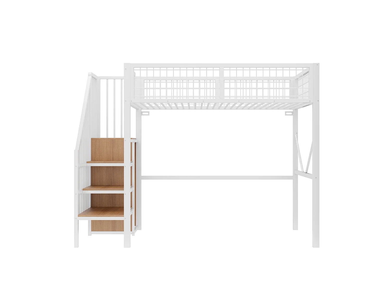 Metall-Hochbett 90 x 200 cm – mit Leiter – mit LED-Beleuchtung – mit Sicherheitsgittern – weiß (Matratze nicht enthalten)