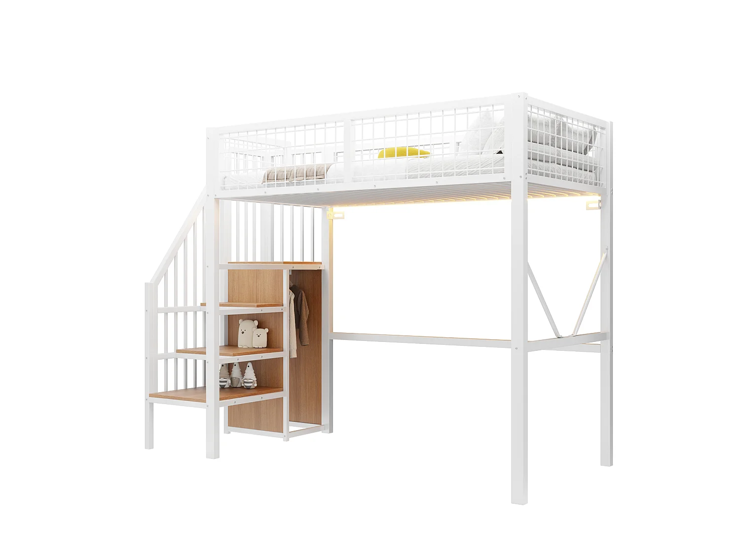 Metall-Hochbett 90 x 200 cm – mit Leiter – mit LED-Beleuchtung – mit Sicherheitsgittern – weiß (Matratze nicht enthalten)