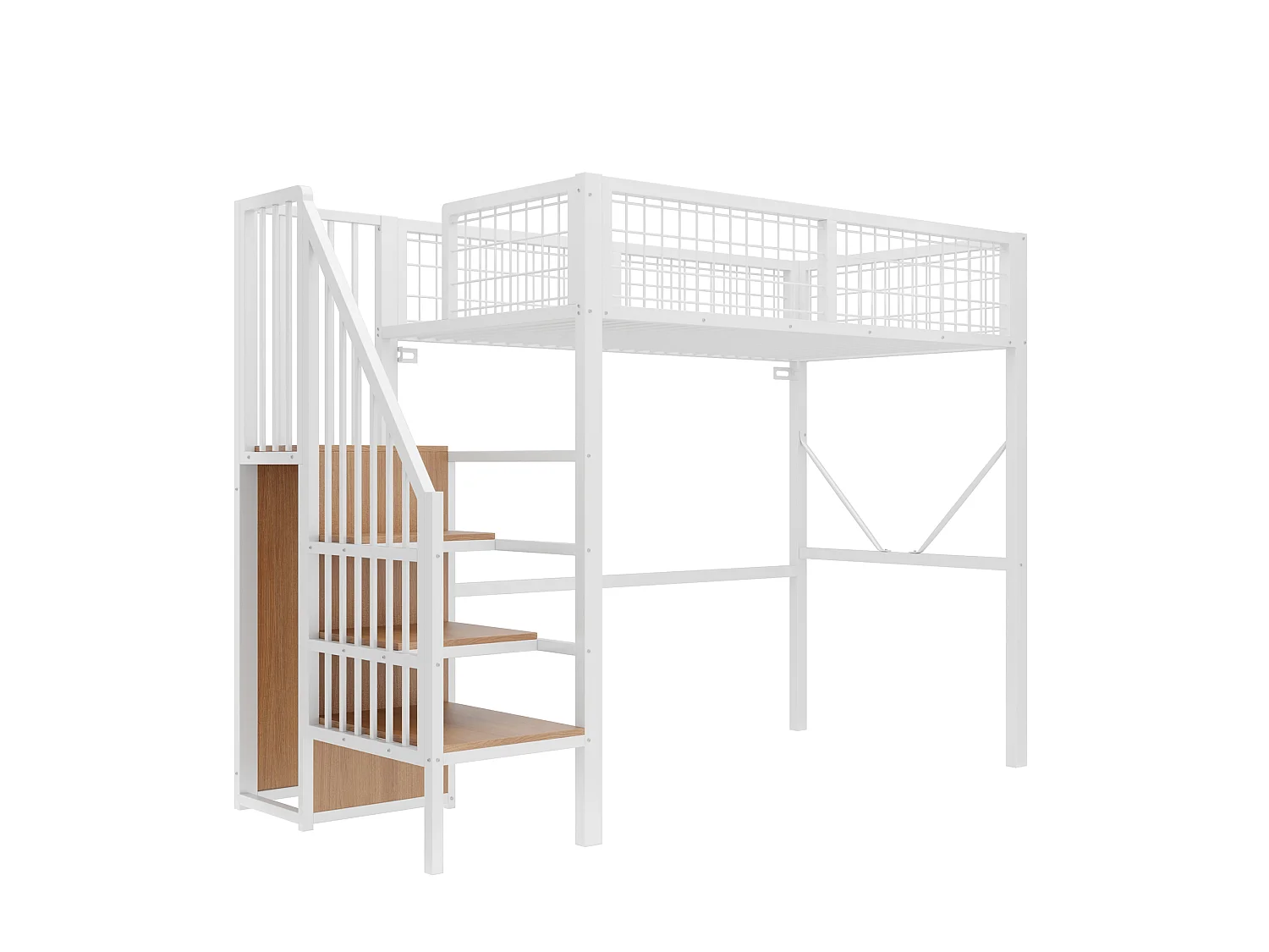 Metall-Hochbett 90 x 200 cm – mit Leiter – mit LED-Beleuchtung – mit Sicherheitsgittern – weiß (Matratze nicht enthalten)