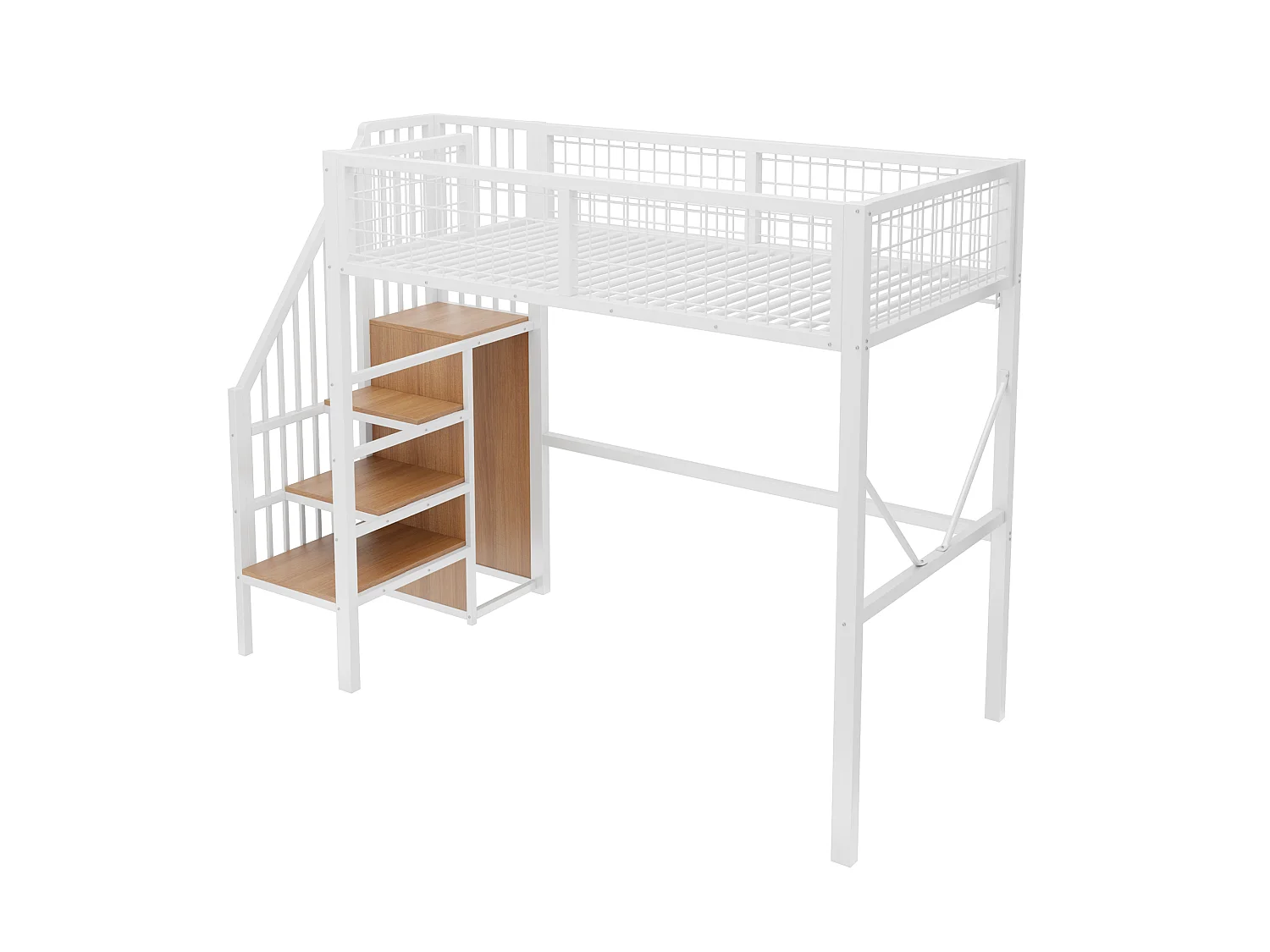 Metall-Hochbett 90 x 200 cm – mit Leiter – mit LED-Beleuchtung – mit Sicherheitsgittern – weiß (Matratze nicht enthalten)