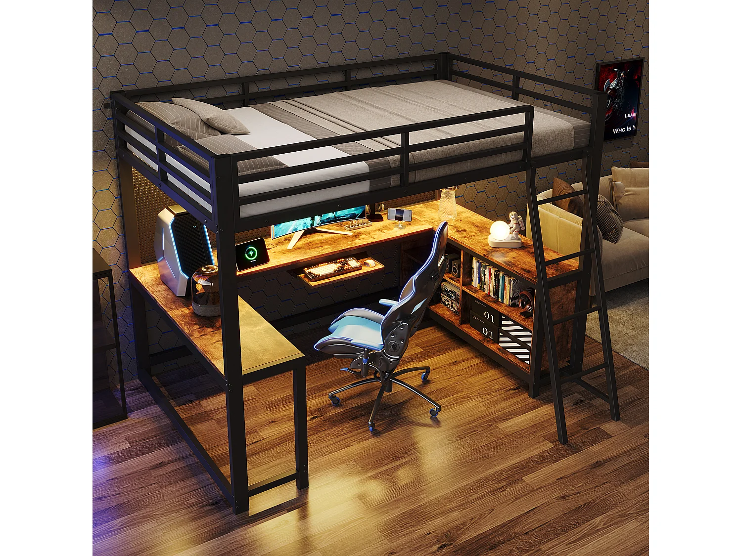 Lit mezzanine 120 x 200 cm - avec prise de courant et lumière LED - avec bureau , plateau pour clavier et espace de rangement - Noir (matelas non inclus)