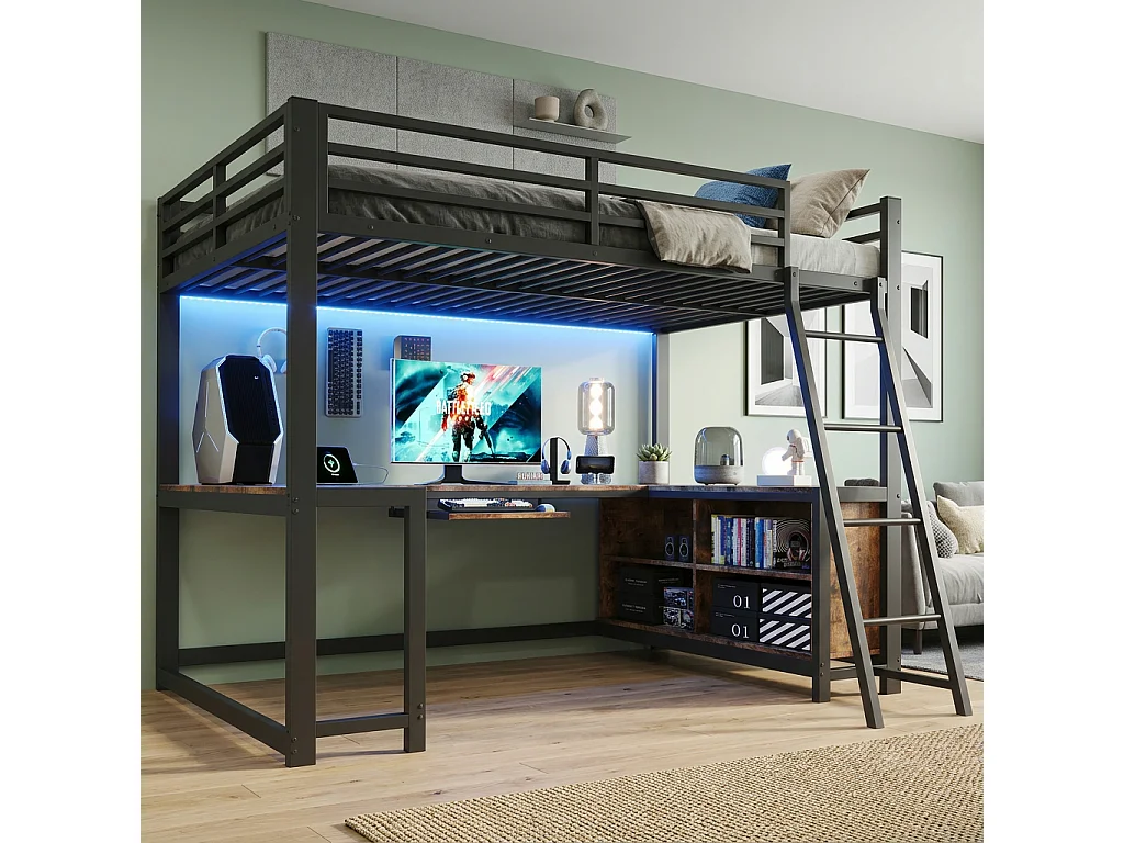 Lit mezzanine 120 x 200 cm - avec prise de courant et lumière LED - avec bureau , plateau pour clavier et espace de rangement - Noir (matelas non inclus)