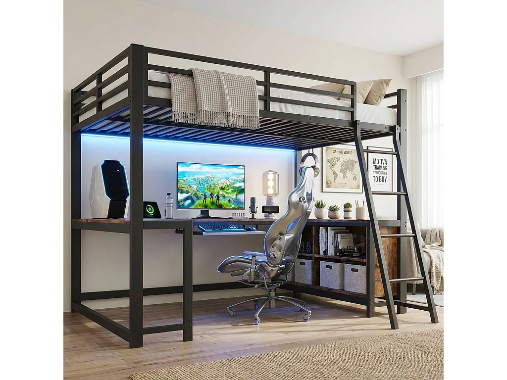 Lit mezzanine 120 x 200 cm - avec prise de courant et lumière LED - avec bureau , plateau pour clavier et espace de rangement - Noir (matelas non inclus)