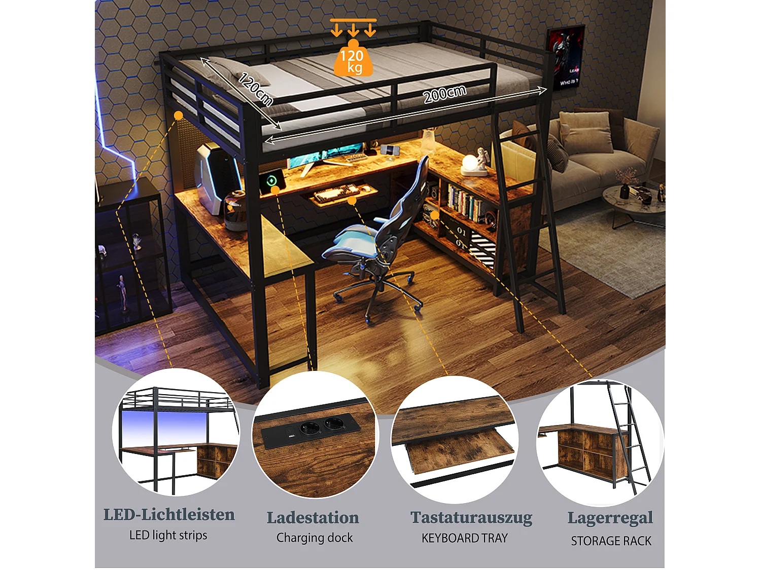 Lit mezzanine 120 x 200 cm - avec prise de courant et lumière LED - avec bureau , plateau pour clavier et espace de rangement - Noir (matelas non inclus)