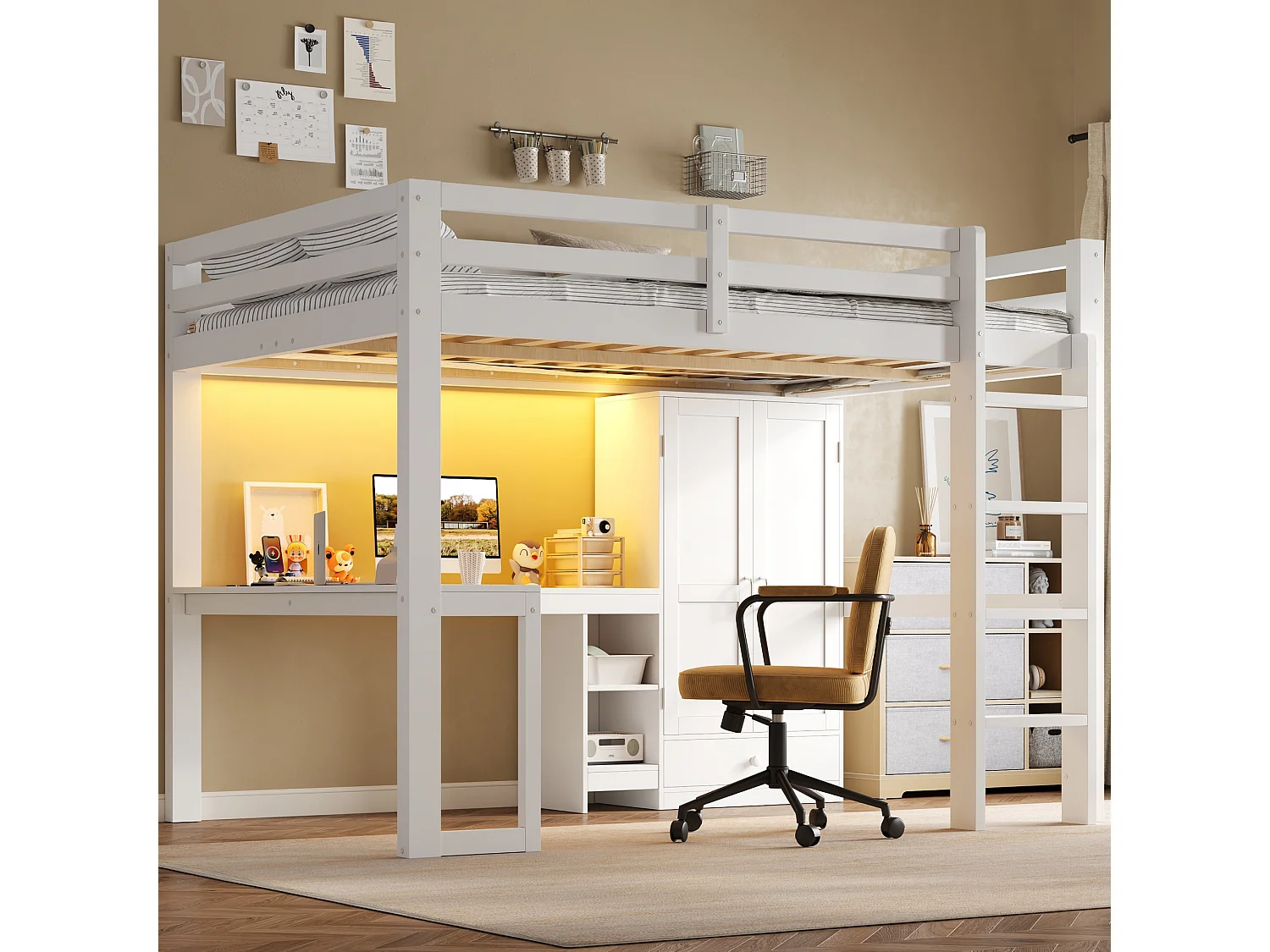 Hochbett 140x200 cm – Mit Schreibtisch, Regalen und Schrank mit 1 Schublade – USB-Anschluss und LED-Beleuchtung – MDF – Weiß (ohne Matratze)