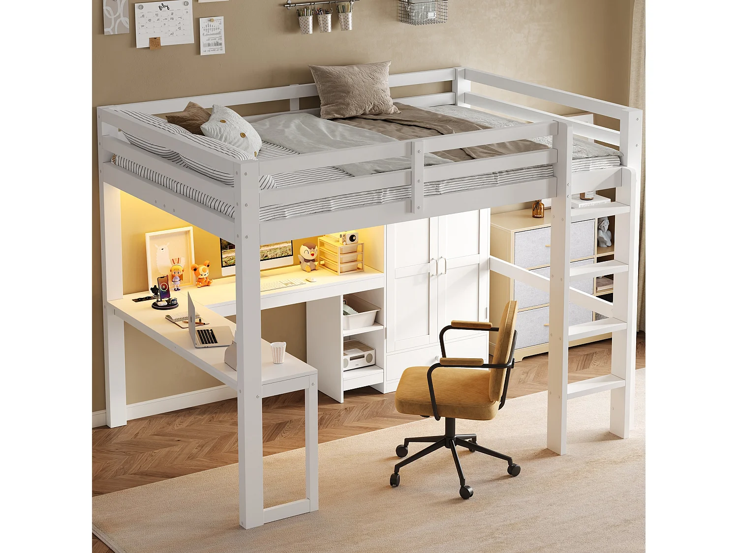 Hochbett 140x200 cm – Mit Schreibtisch, Regalen und Schrank mit 1 Schublade – USB-Anschluss und LED-Beleuchtung – MDF – Weiß (ohne Matratze)