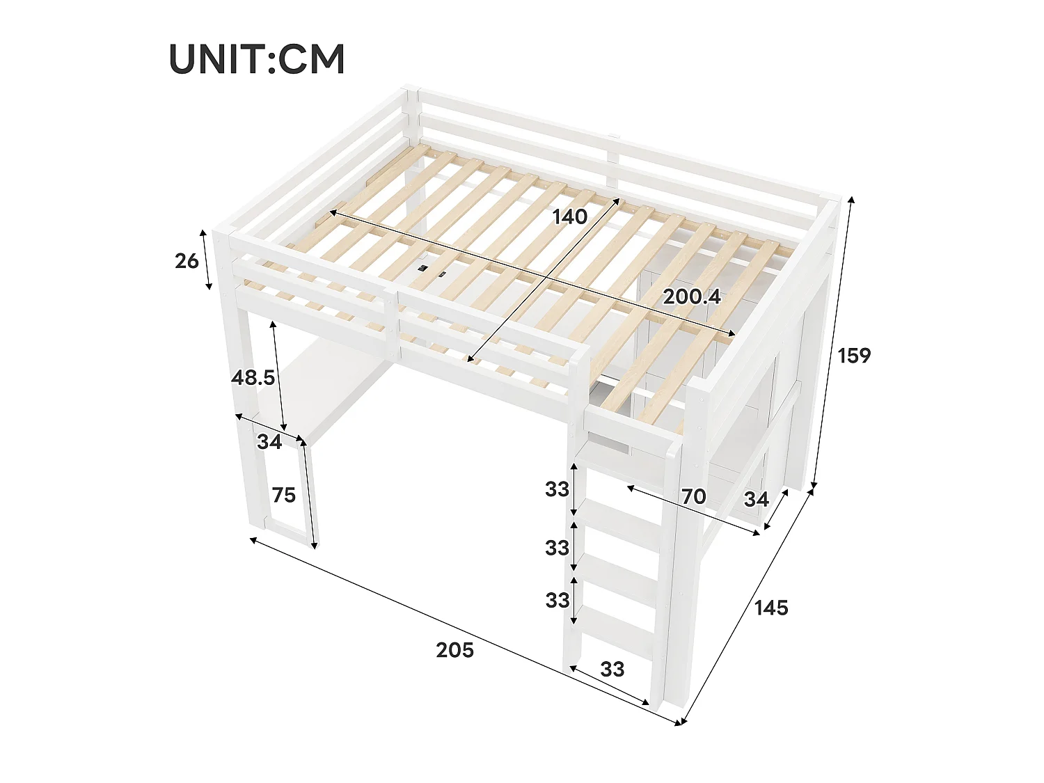 Hochbett 140x200 cm – Mit Schreibtisch, Regalen und Schrank mit 1 Schublade – USB-Anschluss und LED-Beleuchtung – MDF – Weiß (ohne Matratze)
