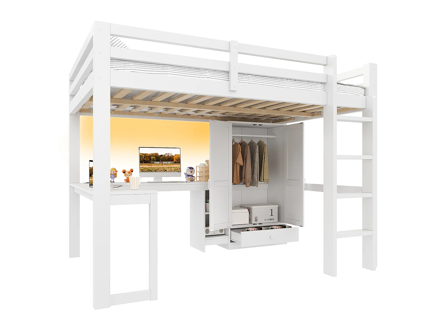 Hochbett 140x200 cm – Mit Schreibtisch, Regalen und Schrank mit 1 Schublade – USB-Anschluss und LED-Beleuchtung – MDF – Weiß (ohne Matratze)