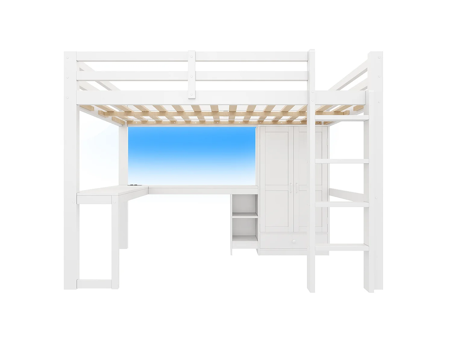 Hochbett 140x200 cm – Mit Schreibtisch, Regalen und Schrank mit 1 Schublade – USB-Anschluss und LED-Beleuchtung – MDF – Weiß (ohne Matratze)