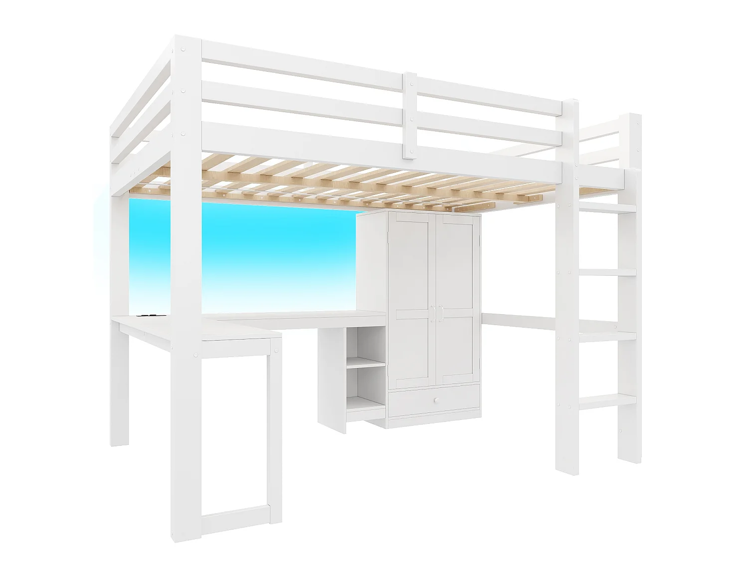 Hochbett 140x200 cm – Mit Schreibtisch, Regalen und Schrank mit 1 Schublade – USB-Anschluss und LED-Beleuchtung – MDF – Weiß (ohne Matratze)