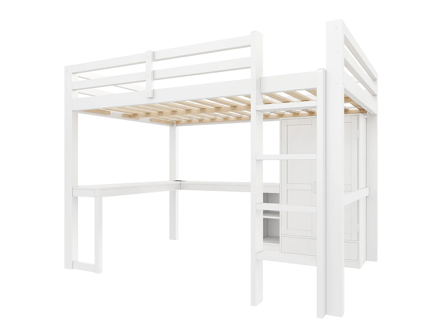 Hochbett 140x200 cm – Mit Schreibtisch, Regalen und Schrank mit 1 Schublade – USB-Anschluss und LED-Beleuchtung – MDF – Weiß (ohne Matratze)