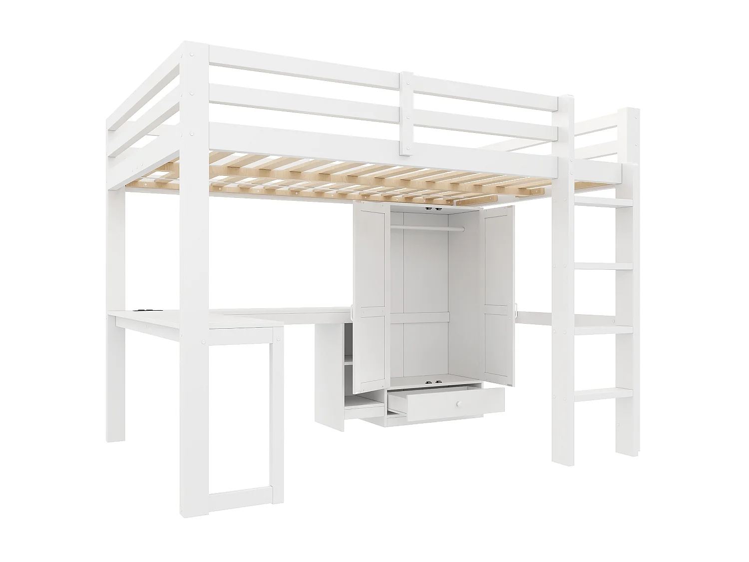 Hochbett 140x200 cm – Mit Schreibtisch, Regalen und Schrank mit 1 Schublade – USB-Anschluss und LED-Beleuchtung – MDF – Weiß (ohne Matratze)