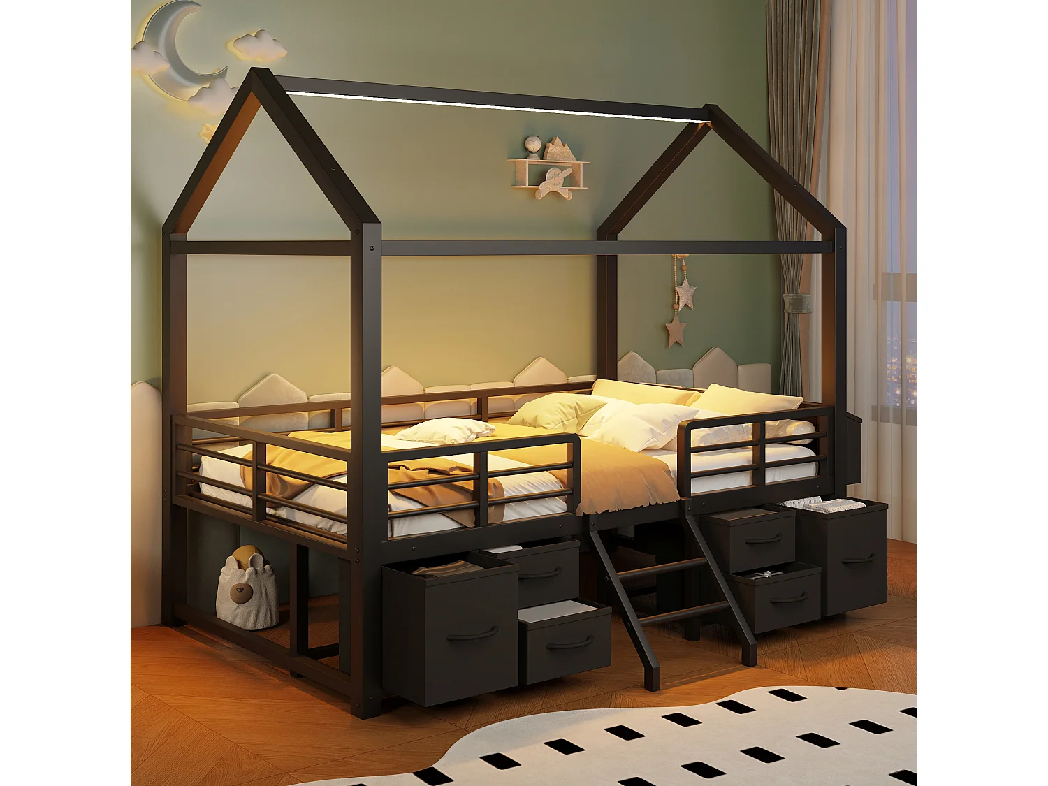 Kinderbed 90x200 cm met dak - LED-verlichting - Hutbed met 6 stoffen lades en opbergruimte - Metaal - Zwart (zonder matras)