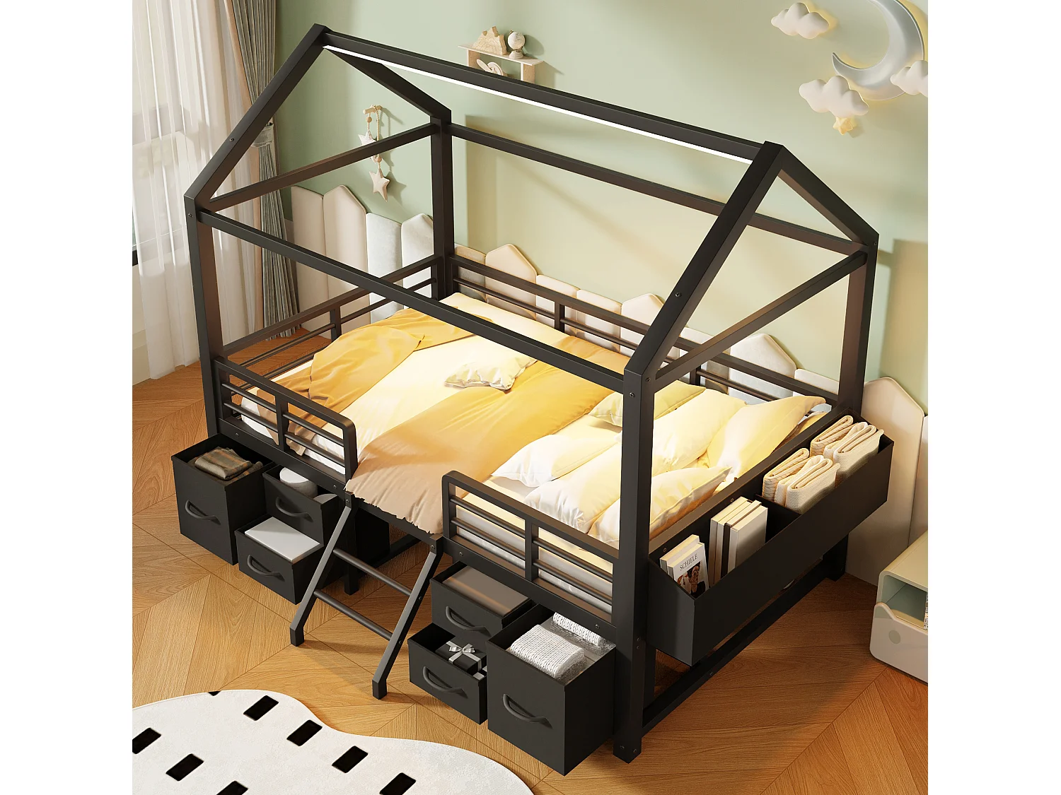 Kinderbed 90x200 cm met dak - LED-verlichting - Hutbed met 6 stoffen lades en opbergruimte - Metaal - Zwart (zonder matras)