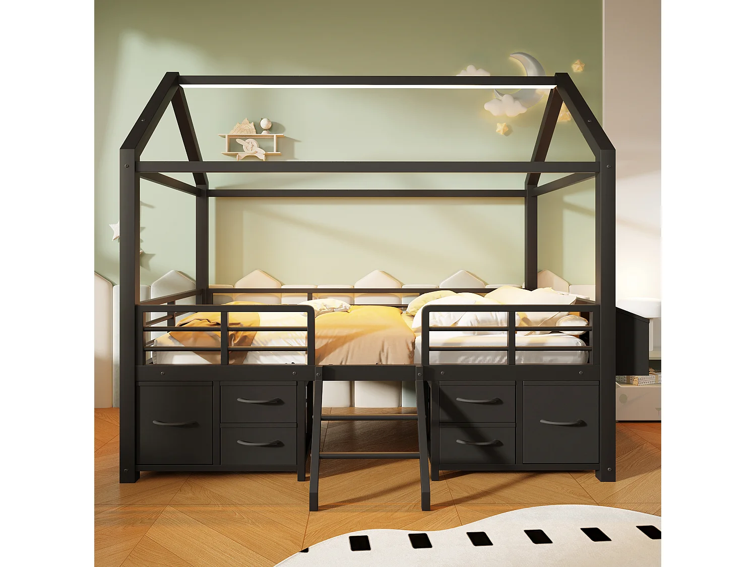 Kinderbed 90x200 cm met dak - LED-verlichting - Hutbed met 6 stoffen lades en opbergruimte - Metaal - Zwart (zonder matras)
