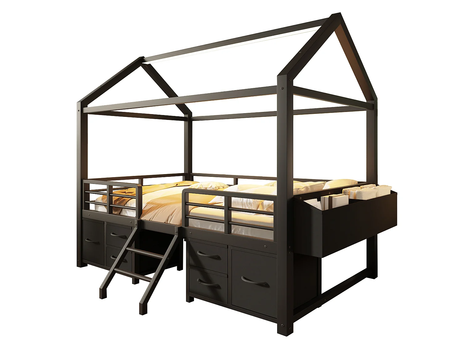 Kinderbed 90x200 cm met dak - LED-verlichting - Hutbed met 6 stoffen lades en opbergruimte - Metaal - Zwart (zonder matras)