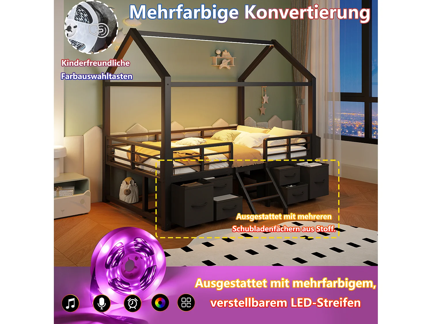 Kinderbed 90x200 cm met dak - LED-verlichting - Hutbed met 6 stoffen lades en opbergruimte - Metaal - Zwart (zonder matras)