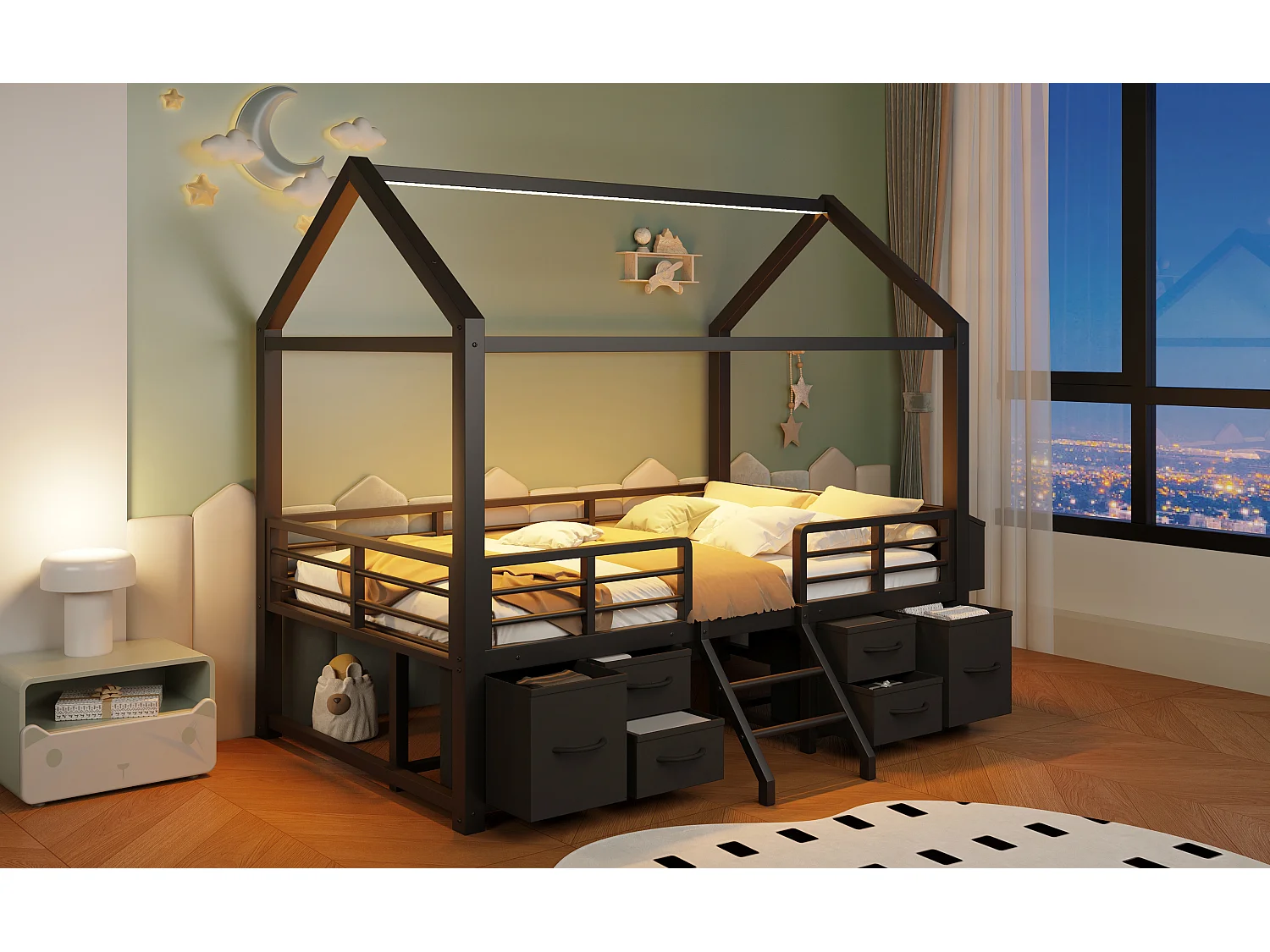 Kinderbed 90x200 cm met dak - LED-verlichting - Hutbed met 6 stoffen lades en opbergruimte - Metaal - Zwart (zonder matras)