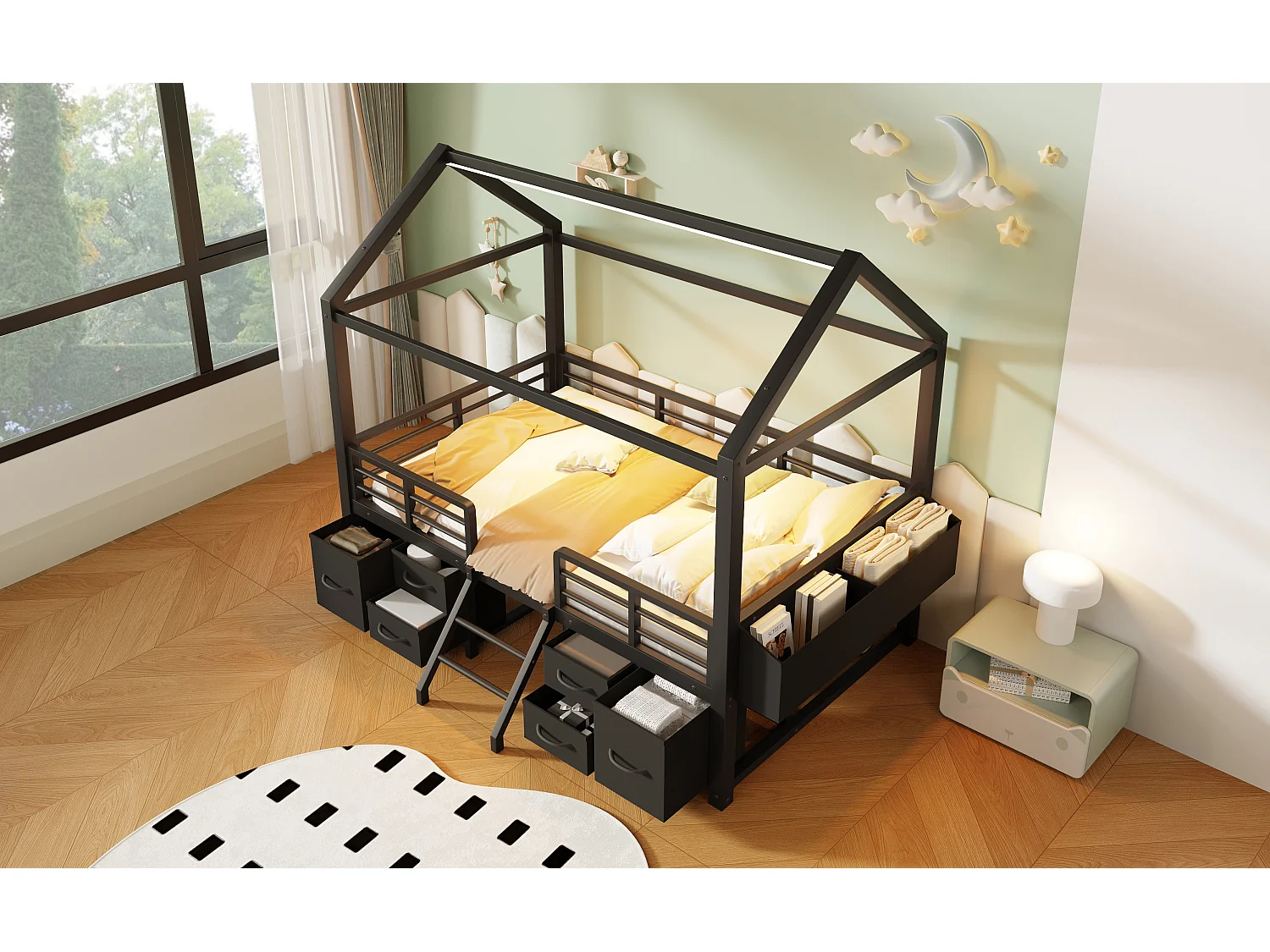 Kinderbed 90x200 cm met dak - LED-verlichting - Hutbed met 6 stoffen lades en opbergruimte - Metaal - Zwart (zonder matras)