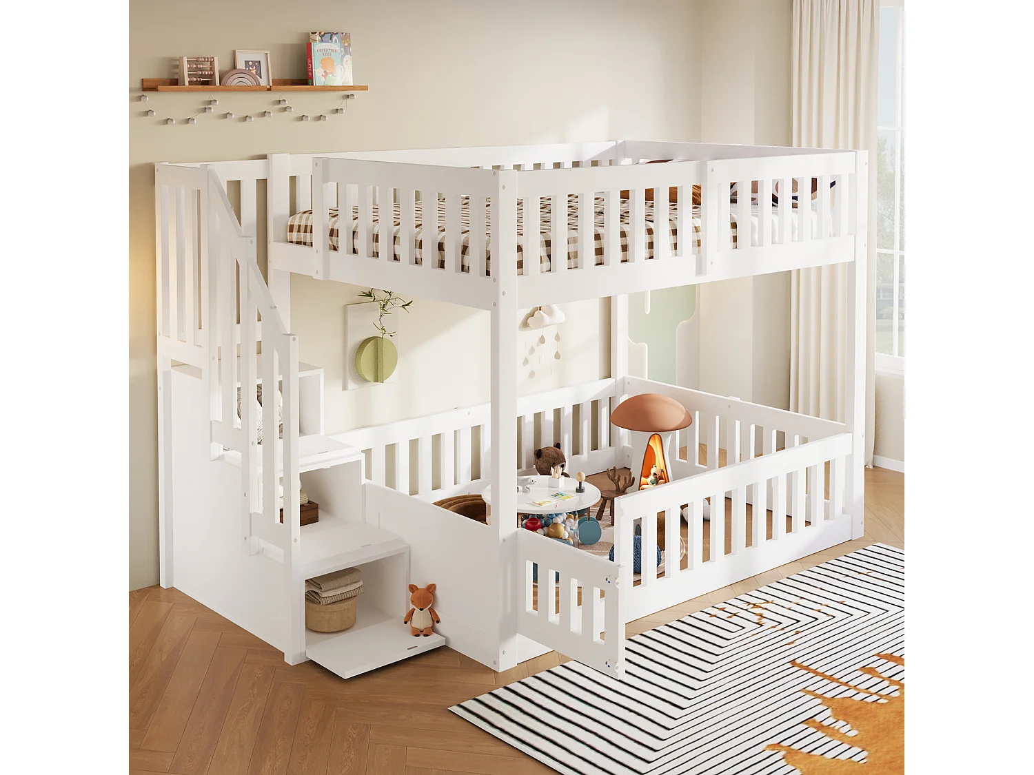 Lit superposé 140 x 200 cm -  Avec échelle de rangement - Avec barrière de sécurité - MDF - Blanc  (matelas non inclus)