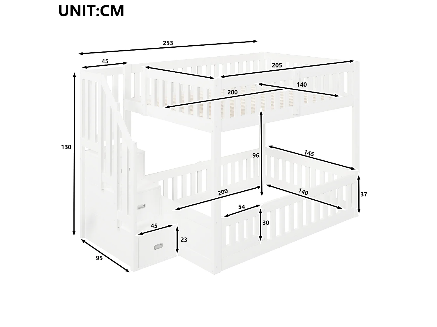 Lit superposé 140 x 200 cm -  Avec échelle de rangement - Avec barrière de sécurité - MDF - Blanc  (matelas non inclus)