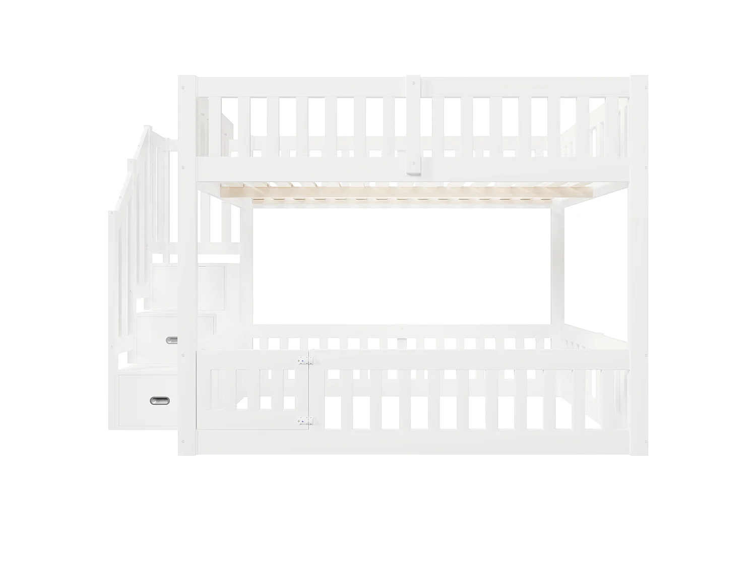 Lit superposé 140 x 200 cm -  Avec échelle de rangement - Avec barrière de sécurité - MDF - Blanc  (matelas non inclus)