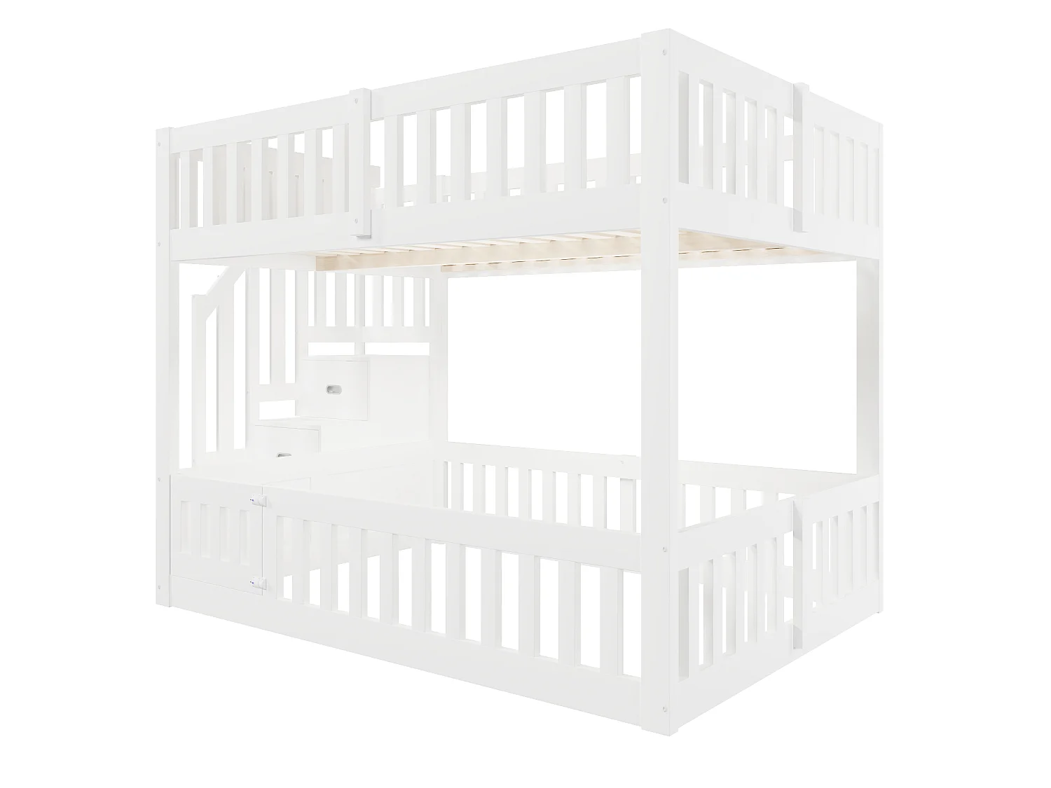 Lit superposé 140 x 200 cm -  Avec échelle de rangement - Avec barrière de sécurité - MDF - Blanc  (matelas non inclus)