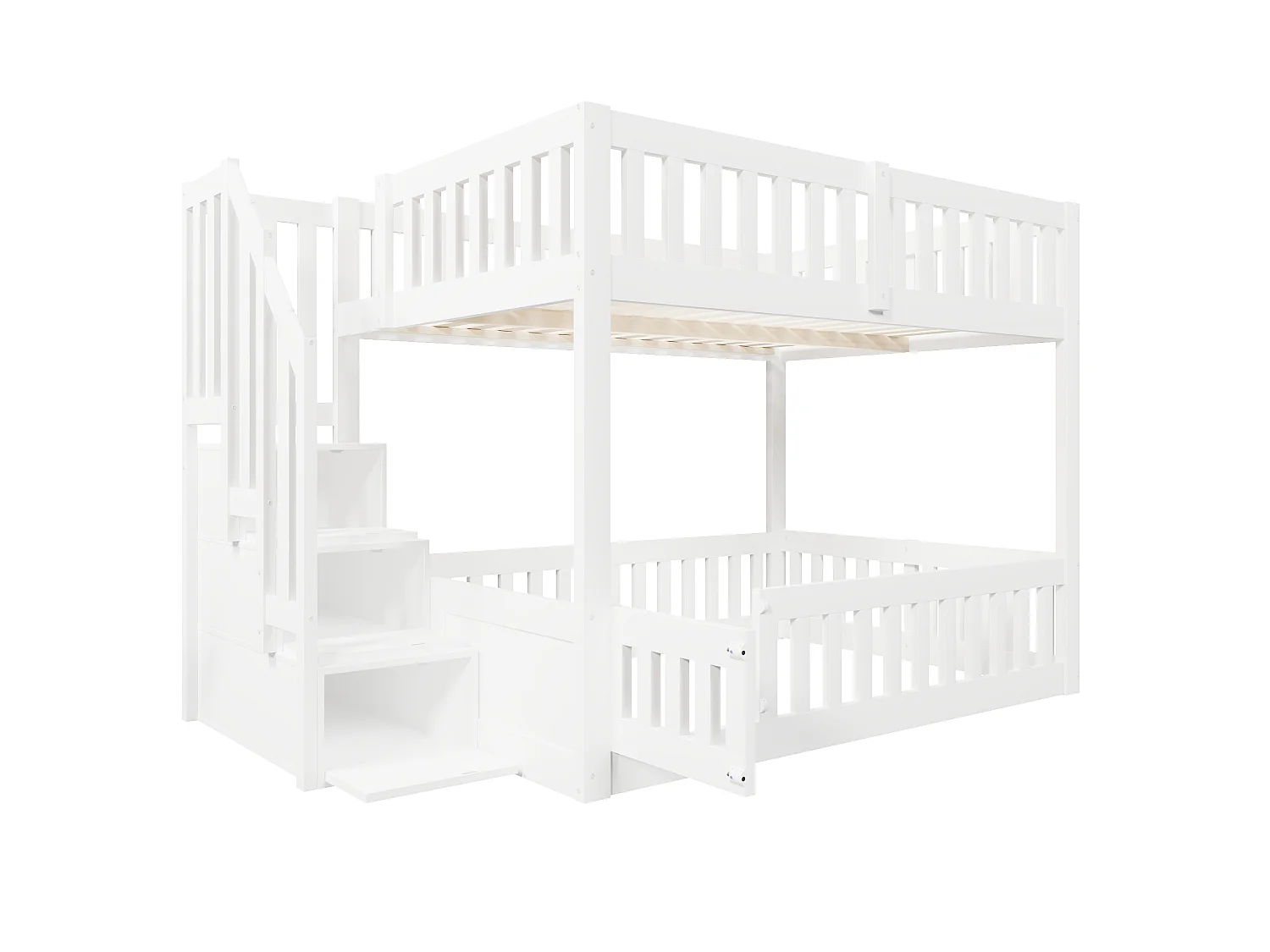 Lit superposé 140 x 200 cm -  Avec échelle de rangement - Avec barrière de sécurité - MDF - Blanc  (matelas non inclus)