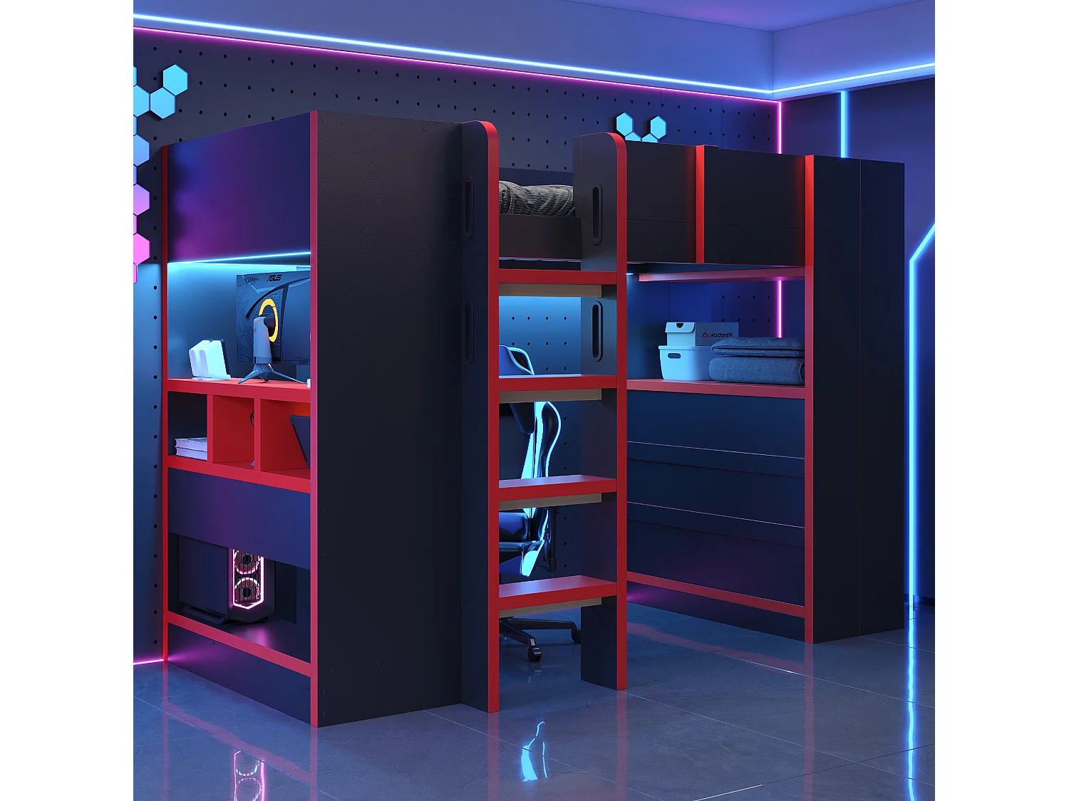Lit mezzanine 90 x 200 cm - avec bureau - avec prise électrique - avec éclairage LED - avec échelle de sécurité - noir + rouge (matelas non inclus)