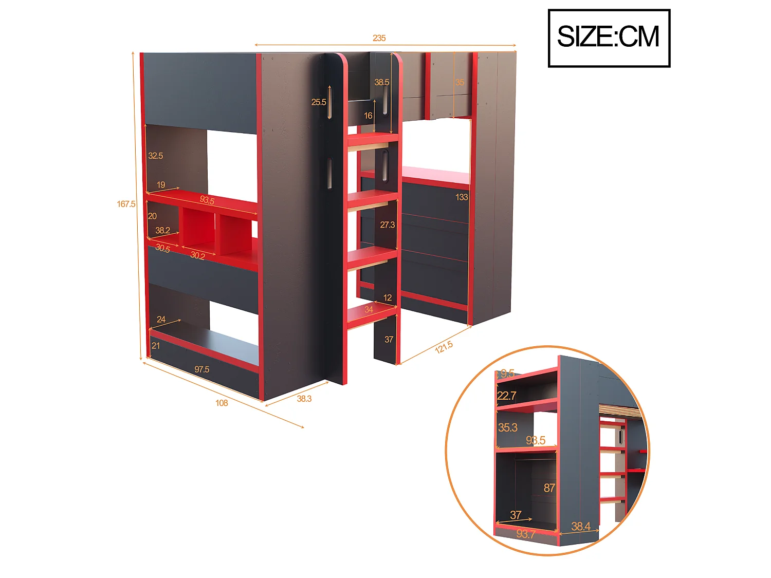 Lit mezzanine 90 x 200 cm - avec bureau - avec prise électrique - avec éclairage LED - avec échelle de sécurité - noir + rouge (matelas non inclus)