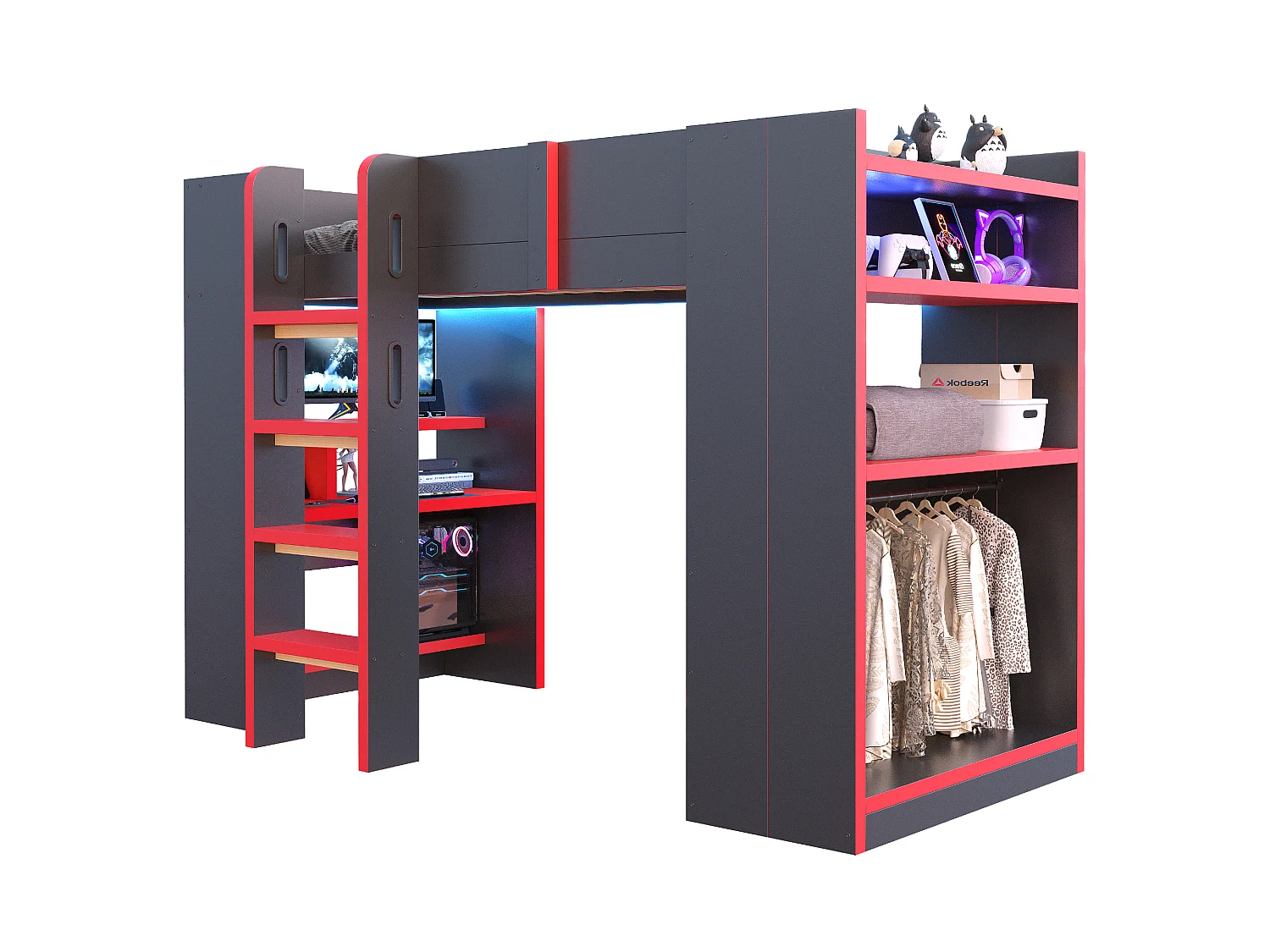 Lit mezzanine 90 x 200 cm - avec bureau - avec prise électrique - avec éclairage LED - avec échelle de sécurité - noir + rouge (matelas non inclus)