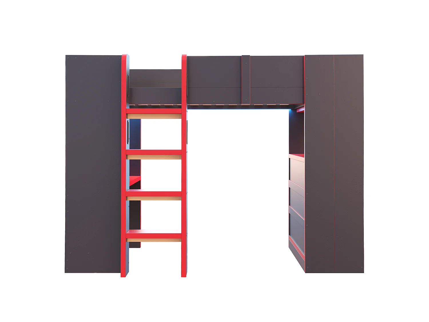 Lit mezzanine 90 x 200 cm - avec bureau - avec prise électrique - avec éclairage LED - avec échelle de sécurité - noir + rouge (matelas non inclus)