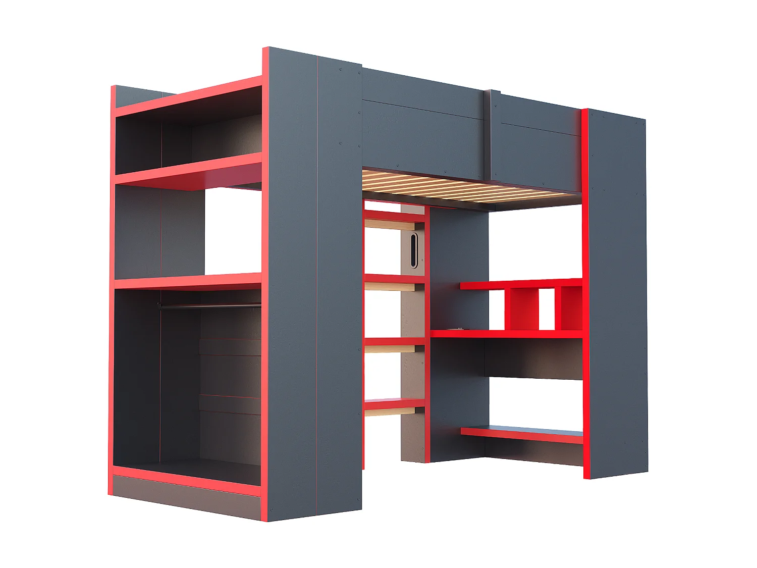 Lit mezzanine 90 x 200 cm - avec bureau - avec prise électrique - avec éclairage LED - avec échelle de sécurité - noir + rouge (matelas non inclus)
