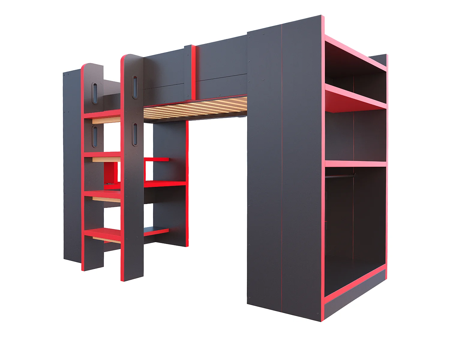 Lit mezzanine 90 x 200 cm - avec bureau - avec prise électrique - avec éclairage LED - avec échelle de sécurité - noir + rouge (matelas non inclus)