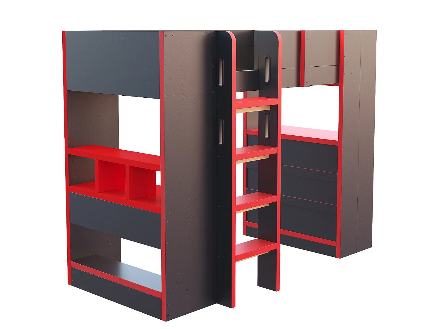 Lit mezzanine 90 x 200 cm - avec bureau - avec prise électrique - avec éclairage LED - avec échelle de sécurité - noir + rouge (matelas non inclus)