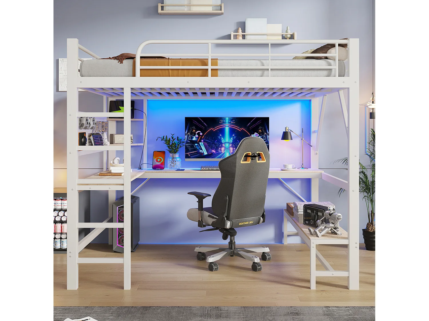 Lit mezzanine 160 x 200 cm – avec bureau -  barrières de sécurité et échelle – avec ports USB et Type-C – avec éclairage LED – blanc(matelas non inclus)