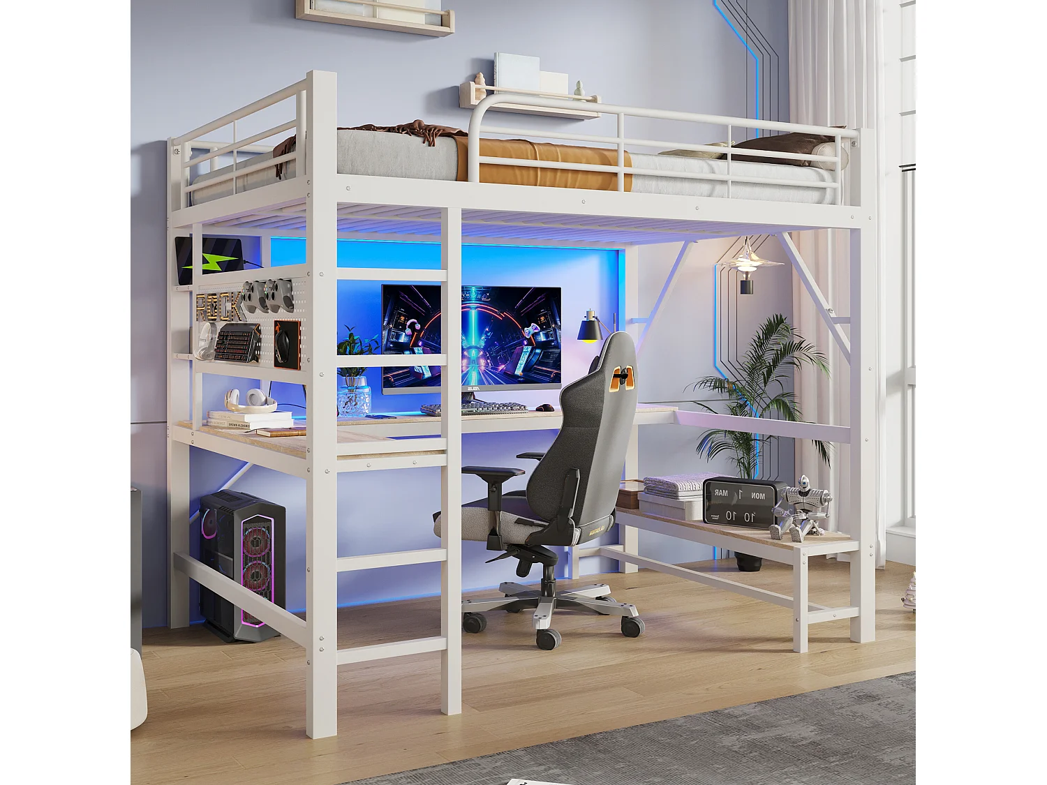 Lit mezzanine 160 x 200 cm – avec bureau -  barrières de sécurité et échelle – avec ports USB et Type-C – avec éclairage LED – blanc(matelas non inclus)