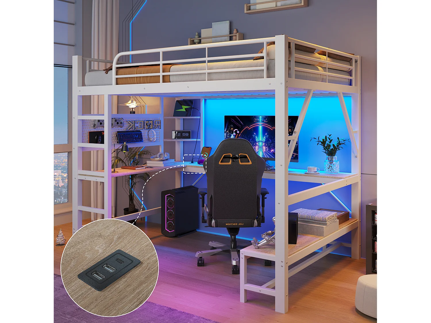 Lit mezzanine 160 x 200 cm – avec bureau -  barrières de sécurité et échelle – avec ports USB et Type-C – avec éclairage LED – blanc(matelas non inclus)