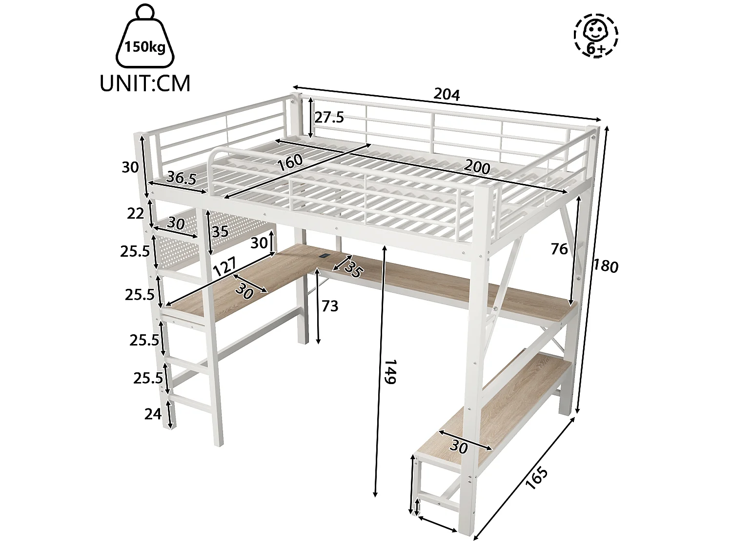 Lit mezzanine 160 x 200 cm – avec bureau -  barrières de sécurité et échelle – avec ports USB et Type-C – avec éclairage LED – blanc(matelas non inclus)