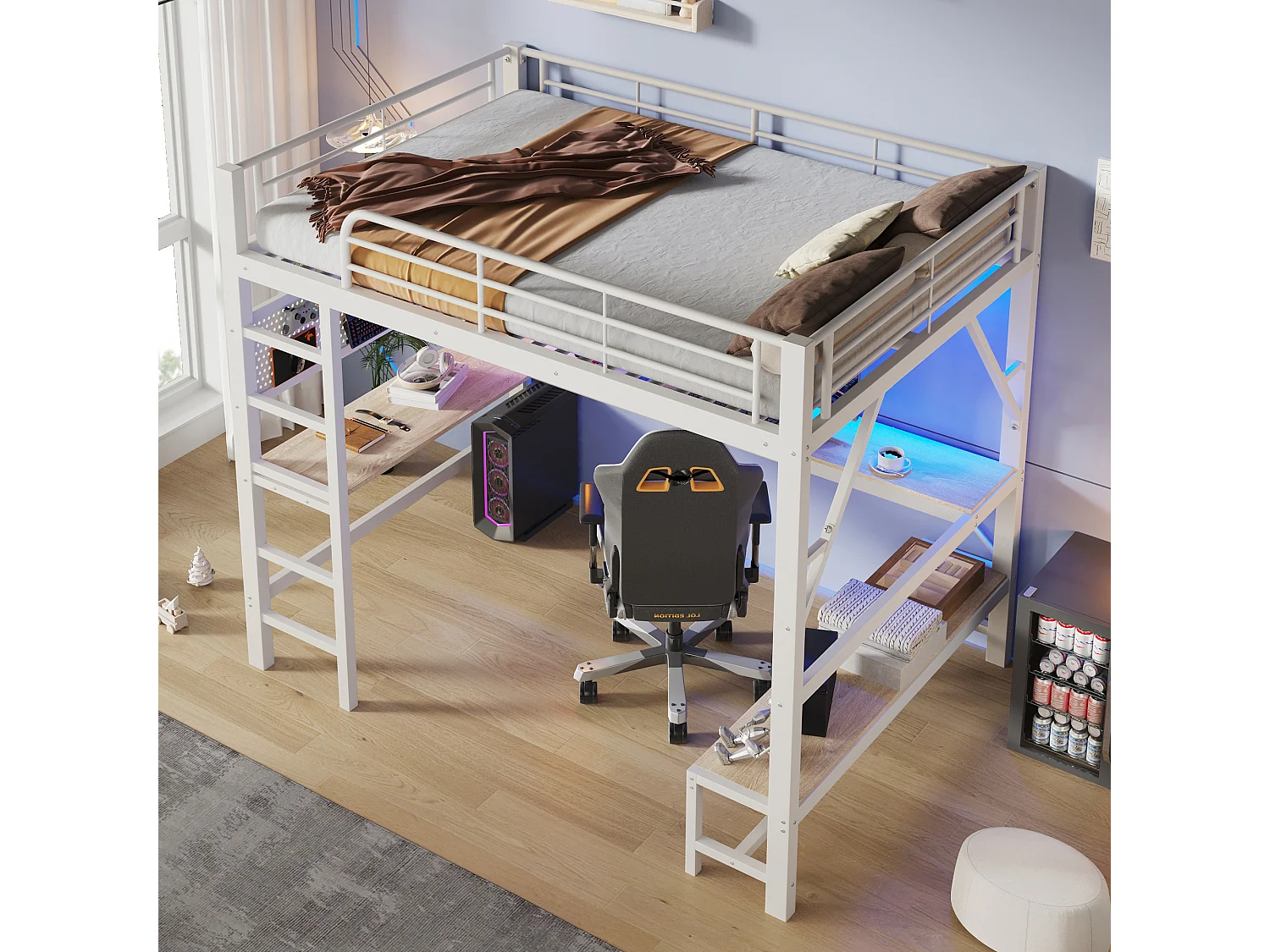 Lit mezzanine 160 x 200 cm – avec bureau -  barrières de sécurité et échelle – avec ports USB et Type-C – avec éclairage LED – blanc(matelas non inclus)