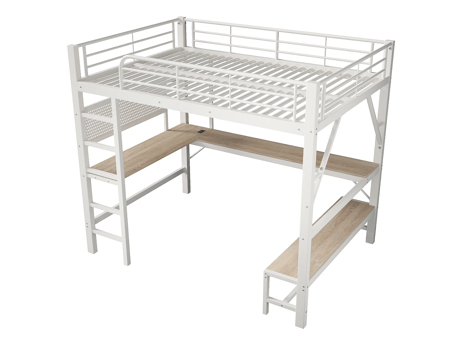 Lit mezzanine 160 x 200 cm – avec bureau -  barrières de sécurité et échelle – avec ports USB et Type-C – avec éclairage LED – blanc(matelas non inclus)