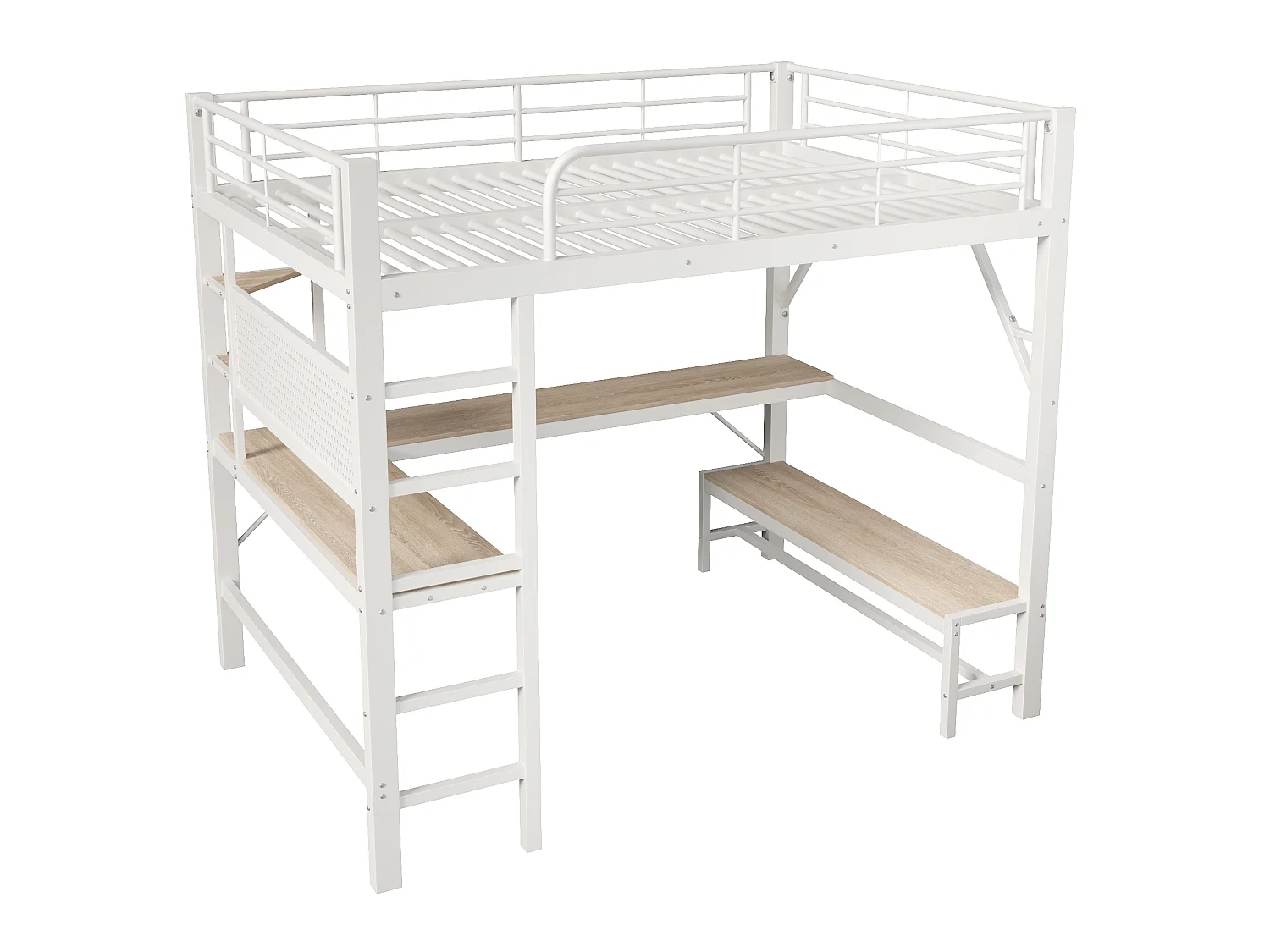 Lit mezzanine 160 x 200 cm – avec bureau -  barrières de sécurité et échelle – avec ports USB et Type-C – avec éclairage LED – blanc(matelas non inclus)